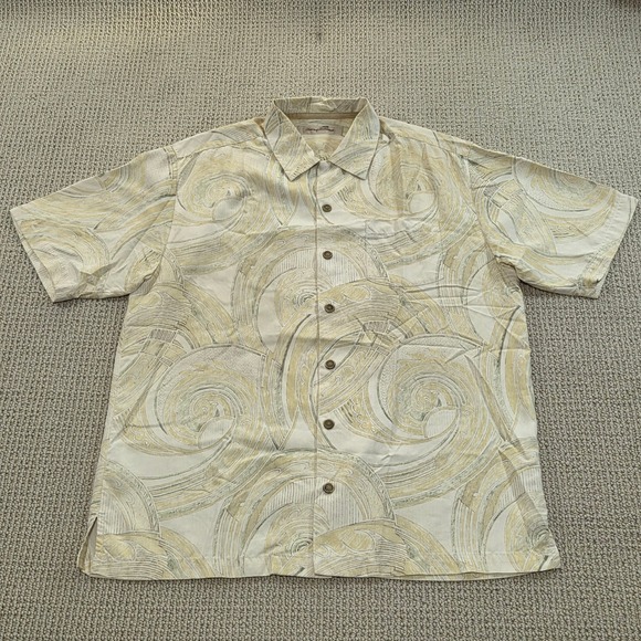 Tommy Bahama Silk Shirt Yellow Wave Swirl Pattern Button Up Short Sleeve Mens M - Picture 2 of 8